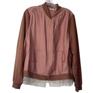 LOGO Lori Goldstein Bomber Jacket Lace Hem Women's 14 Rose Pink Mixed Fabric Zip